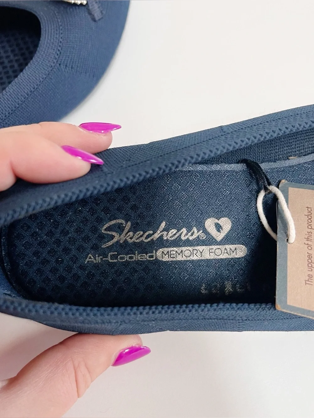 Skechers Cleo Pointed Toe Recycled Knit Pearl Bow Skimmers Flats Navy Size 9.5